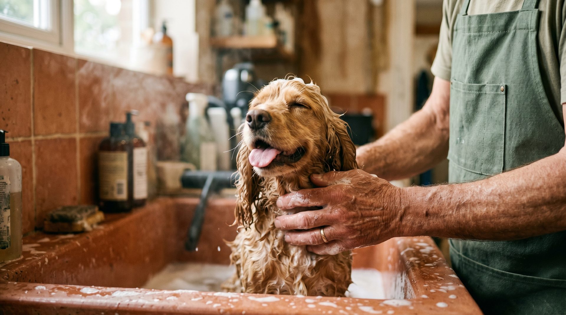 Dog being bathed at Jose Diego's